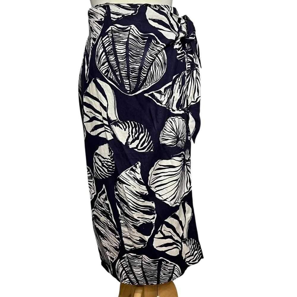 Nicole Miller Wrap Skirt XS Blue White Linen Blend Seashell Coconut Girl Resort - Picture 2 of 15